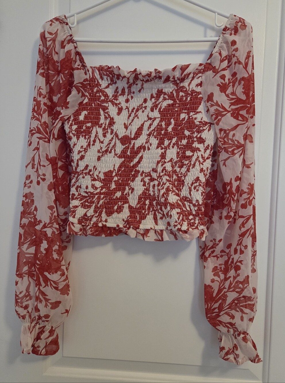 Floral Smocked Off-Shoulder Long Sleeve Cropped Top - Medium